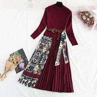 christmas winter vintage knit pleated dress with belt woman o neck long sleeve floral print a line autumn midi party dress 2369