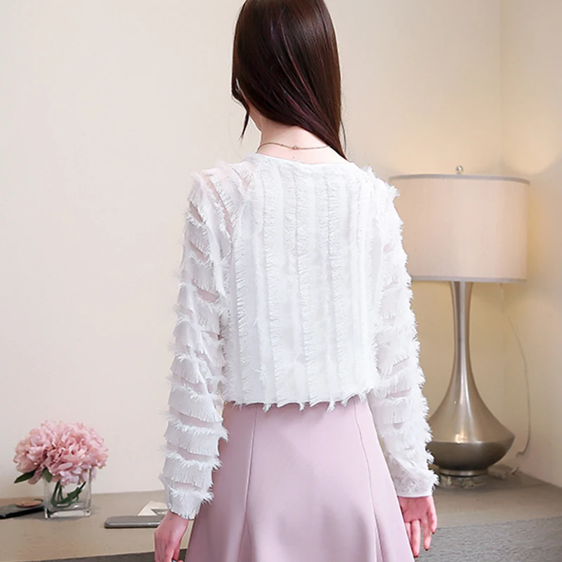 Однотонные белые кисточкой Для женщин Шифоновая блузка полые кружева с длинным