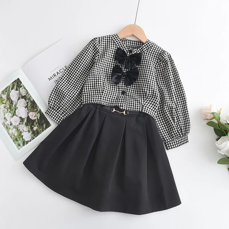 

Girls Fashion Clothes Girl Autumn New Korean Version Of The Bow Tie Checkered Shirt Black Skirt 3-7 Years Kids Casual Clothes
