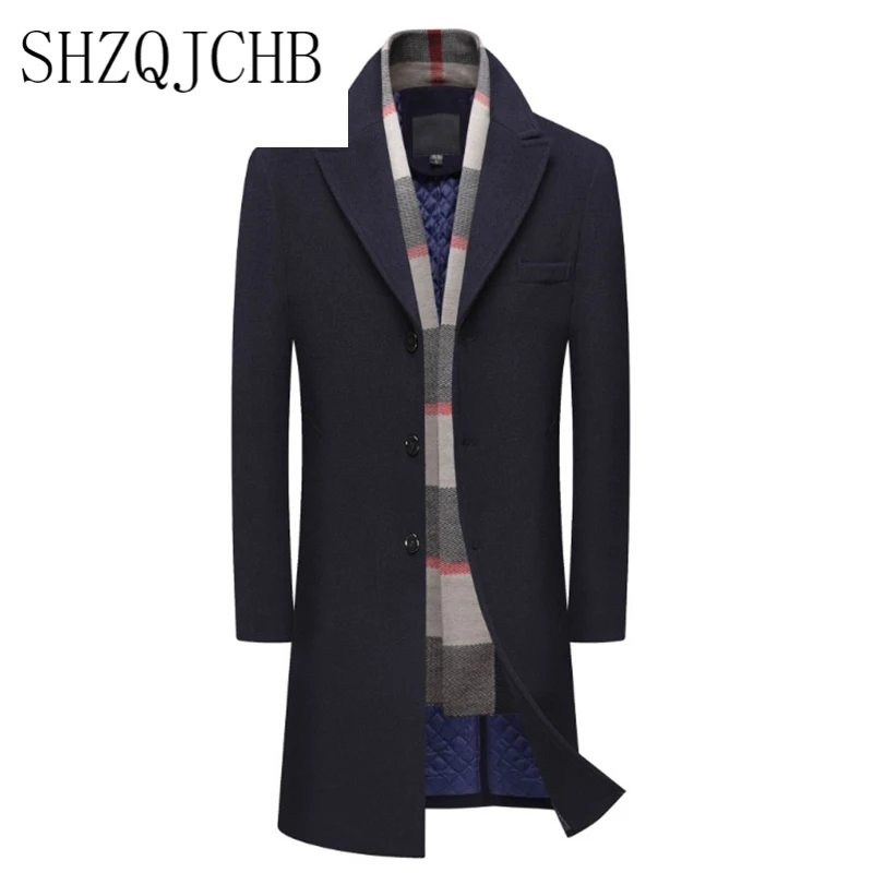 

Mens New Wool Coat Single Breasted Long Trench Coat Men Winter Thick Woolen Overcoat Casual Jacket Detachable Scarf
