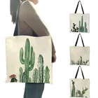 Сумка-тоут женская с принтом, модная тканевая льняная многоразовая сумочка-тоут с зелеными растениями и кактусами, Прямая поставка
