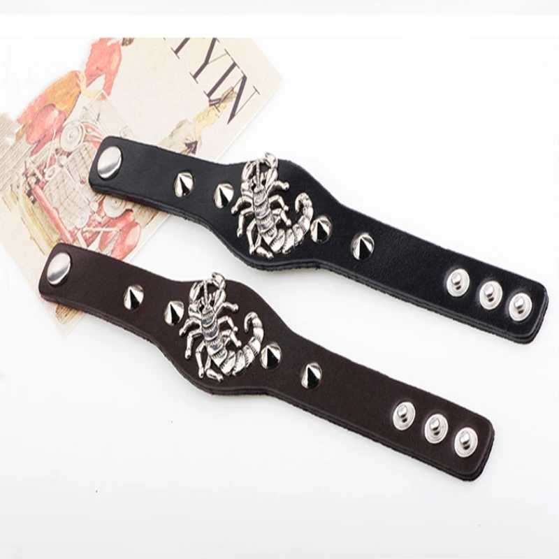 2020 новый дизайн готический панк рок Широкий кожаный заклепки Скорпион браслет