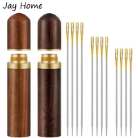 wooden needle tube with 12 pieces self threading needles hand stitching needles for diy sewing knitting embroidery blind needles