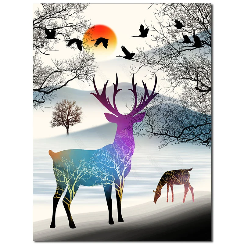 

European Style Canvas Elk and Egret Sunset Mountain Landscape Background Poster 2 Pc and Living Room Furniture Art Deco
