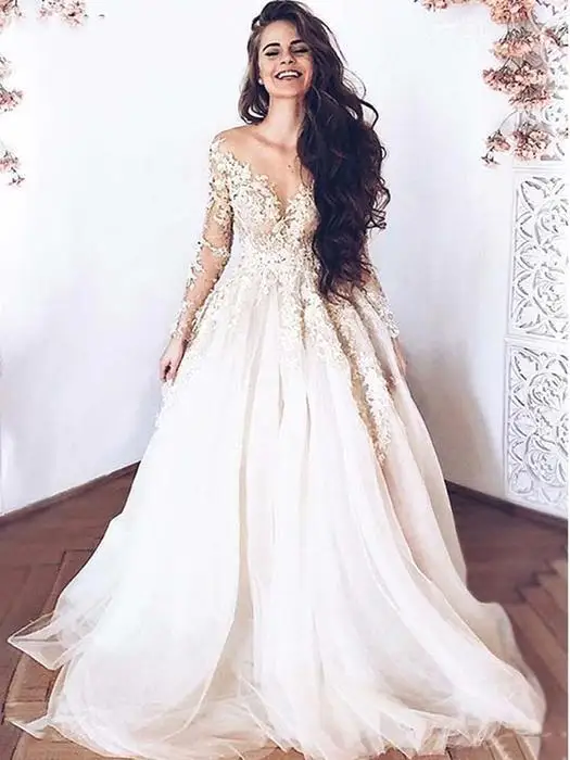 

Vestido de noiva 2019 Роскошные кружевные свадебные платья с аппликацией, с длинными рукавами, невеста, свадебное платье трапециевидной формы, Тюлев...