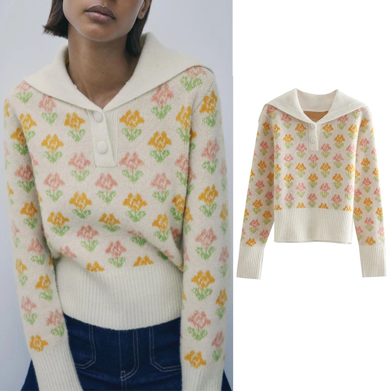 

Женский трикотажный свитер на пуговицах, винтажный пуловер с цветочным принтом, воротником с отворотом и длинным рукавом, шикарные топы, ос...