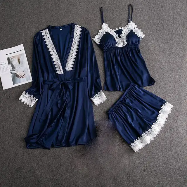 Blue 3PCS Женское сексуальное кружевное кимоно, халат, атласное однотонное платье для свадьбы, невесты, подружек невесты, ночная рубашка, кружевное вискозное Женское ночное белье, пижама - Цвет: Blue 3PCS