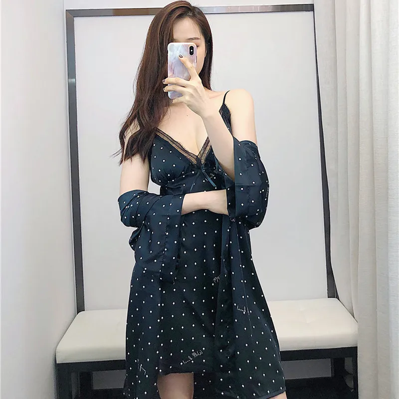 

Creation 101 wave point pajamas with chest pad feminine silk suspenders pajamas nightgown two-piece home