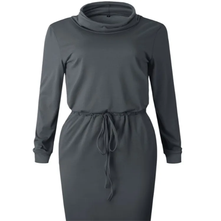 

Fashion round neck long sleeve lace up pocket dress