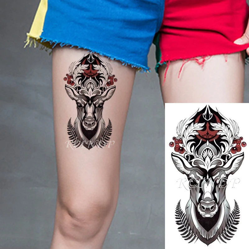 

Водостойкая Временная тату-наклейка, олень, Божье животное, цветок, растение, тотем, индивидуальность флэш-тату, искусственная тату для мужч...