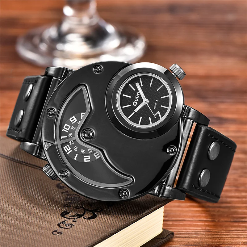 

Часы наручные Oulm Мужские кварцевые, брендовые Роскошные спортивные с двумя часовыми поясами, с кожаным ремешком, 9591