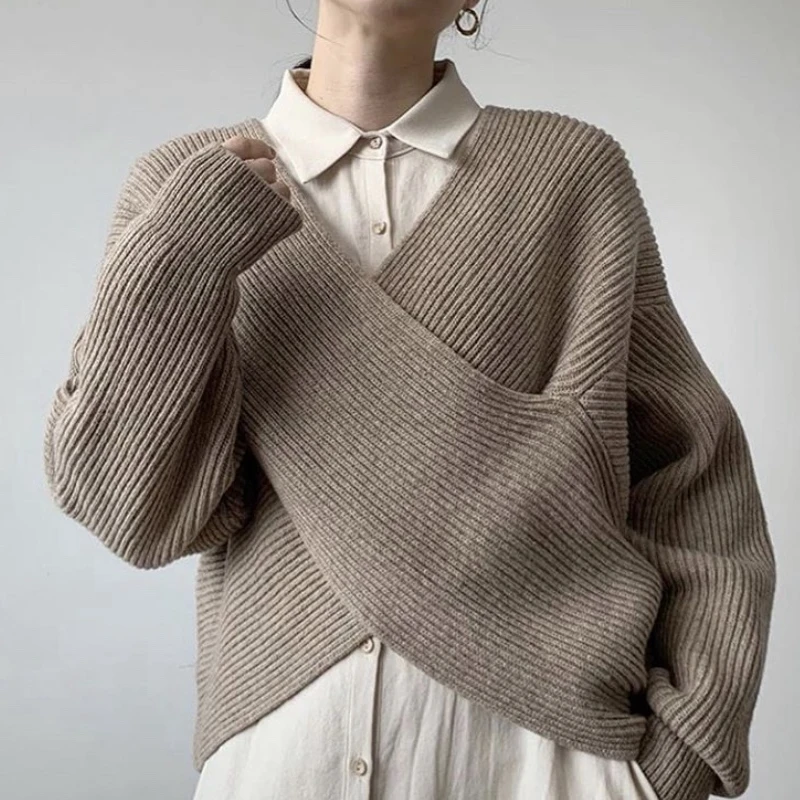 

2020 Autumn Winter Corss V-neck Female Pullover Sweater Tops Chic Women Casual Warm Jumpers Knitwear