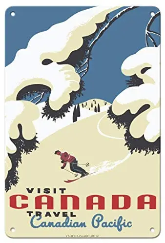 

Посетите Канаду-катание на лыжах-путешествие в канадском тихоокеанском стиле-Рейнтри Роже куйлард С. 1955 металлический жестяной знак