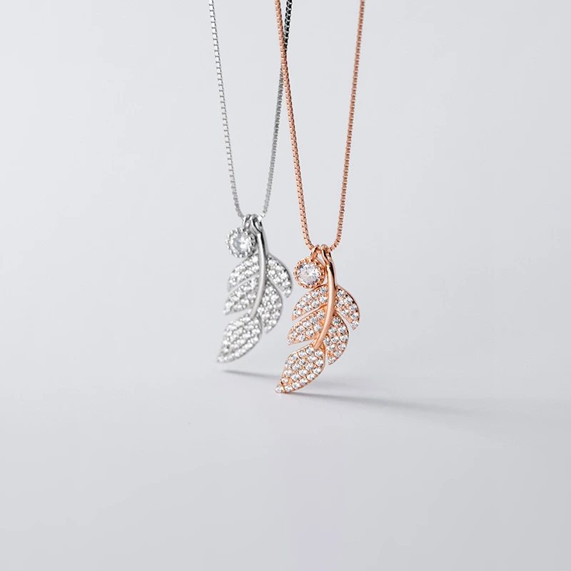 

925 Sterling Silver Korean Fashion Inlay Full Crystal Leaf Pendant Necklace Jewelry For Women Girls Daughter Gift