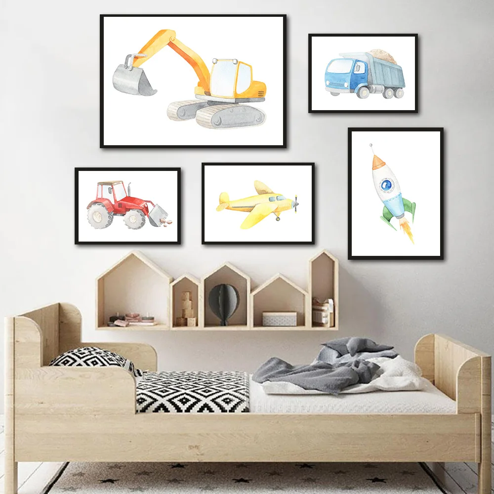 Картина на холсте "Автомобильный постер Самолета Картонное искусство Печать Нордические плакаты для детей Набор картин на стену Декор комнаты младенца для мальчика".