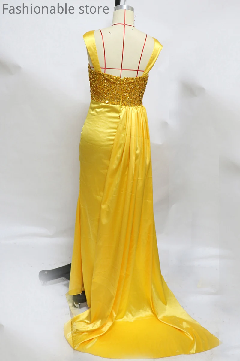 

Elegant Sexy Sleeveless Maxi Dress Women Sequined High Slit Design Spaghetti Strap Asymmetry Dresses