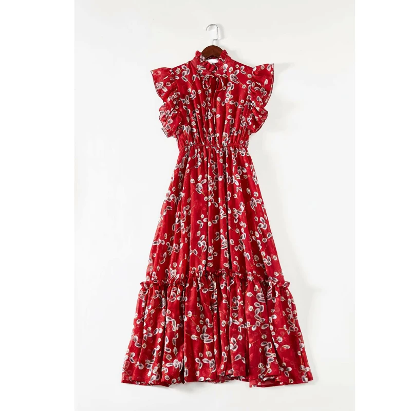 

JCHB 2021 summer new red broken flower collar elastic waist slim big swing Bohemian skirt