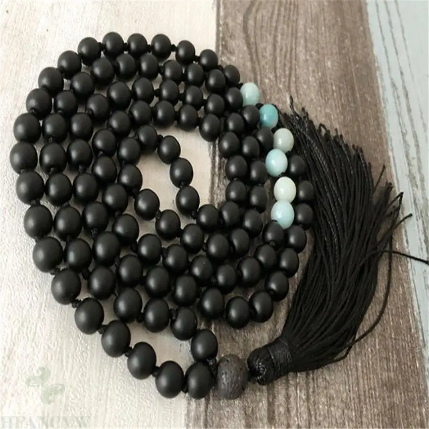 

8MM Black Agate Gemstone 108 Beads Tassel Mala Necklace Chakras Wrist Cuff Yoga Bless