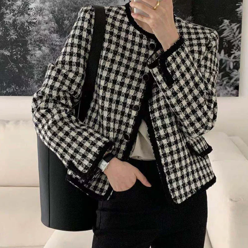 Korean Women Coat Chic Autumn French Round Neck Lace Contrast Single Breasted Long Sleeve Casual Short Plaid | Женская одежда