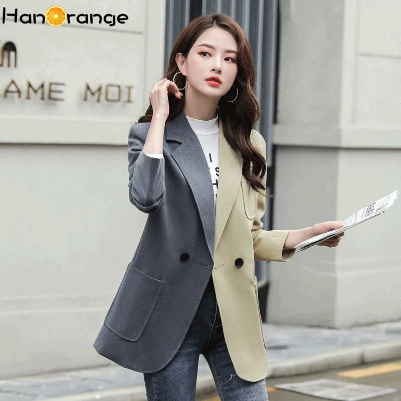 Серый цвет Женский Длинный блейзер топ весна осень 2020 Свободный Повседневный