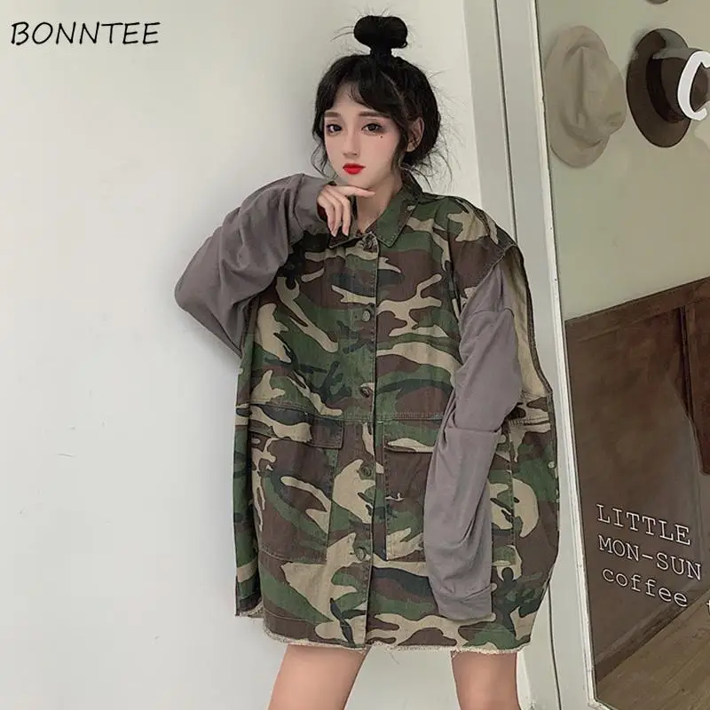 

Women Vest Loose Camouflage Chic Stylish Leisure All-match Lazy Harajuku Turn-down Collar Feminino Waistcoats Daily Korean Style