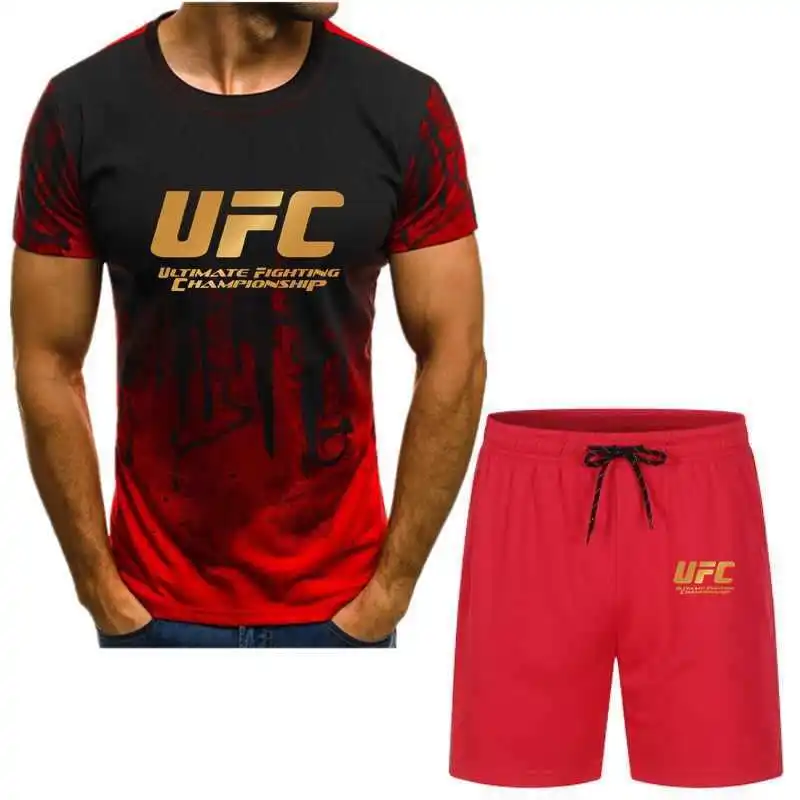

2021 New MMA BJJ Boxing 2 Pieces Men Sets Male Men Clothing Sportswear Set Fitness Summer Print Men Shorts T shirt Men's Suit