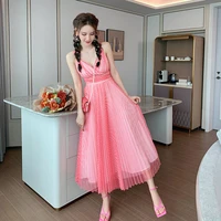 print polka dot sweet summer dresses ladies 2021 v neck ruched sexy mesh dress for women a line pleated long party dress woman