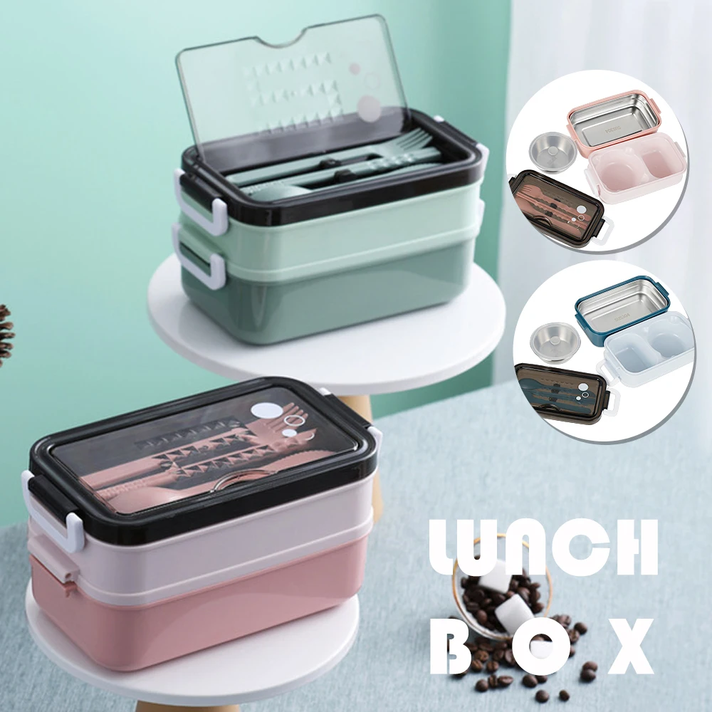 

Lunch Box 2-Layer 3-Compartment Bento Box Cutlery Set Portable Leak Proof Food Container Storage Box for Kid Adult Work School