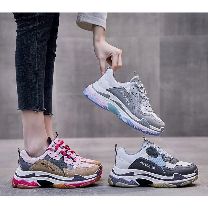 

2021Vulcanized Chunky Sneakers Fashion Platform Sneakers Women Leather and Mesh Sports Shoes Comfortable Casual Shoe