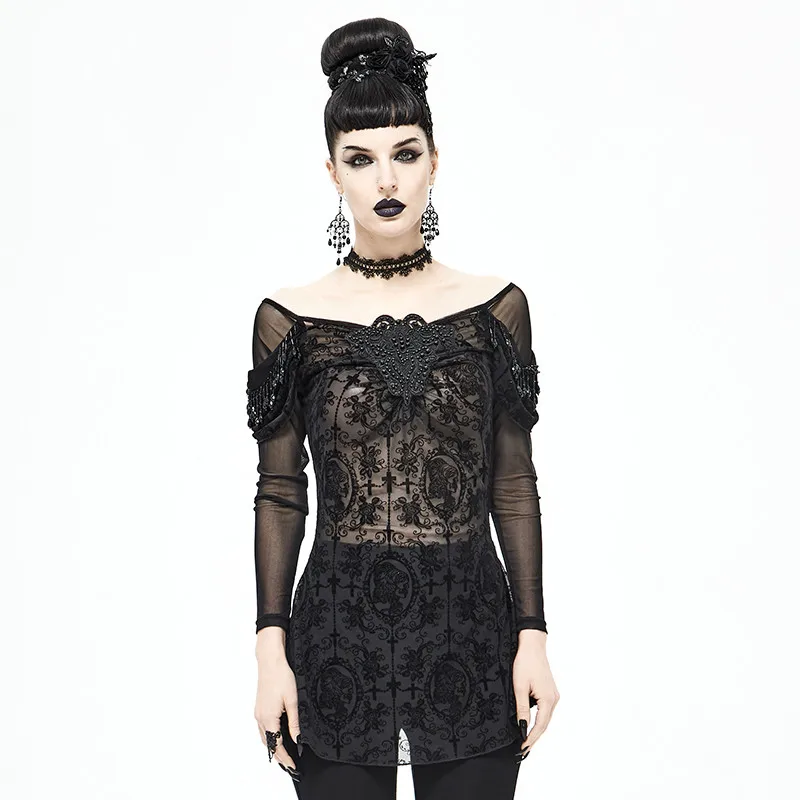 Gothic Retro Mysterious Palace Style Pendant One-shoulder Woman's Shirt Pattern Lace Mesh See-through Sexy Ladies Blouse