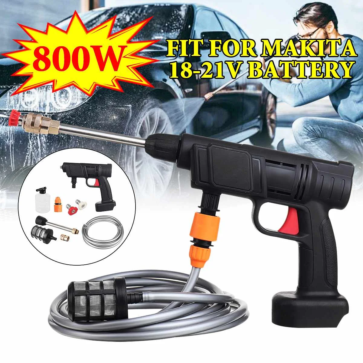 

800W Wireless Car Washer High Pressure Car Wash Water Gun Portable High Pressure Washer Foam Generator for Makita 18V Battery