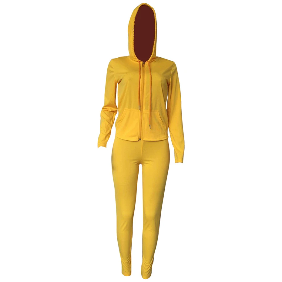 yellow HAOYUAN комплект из двух предметов, осенний спортивный костюм с капюшоном, на молнии, с карманами, топ и длинные штаны, спортивные костюмы, женские комплекты из 2 предметов - Цвет: yellow