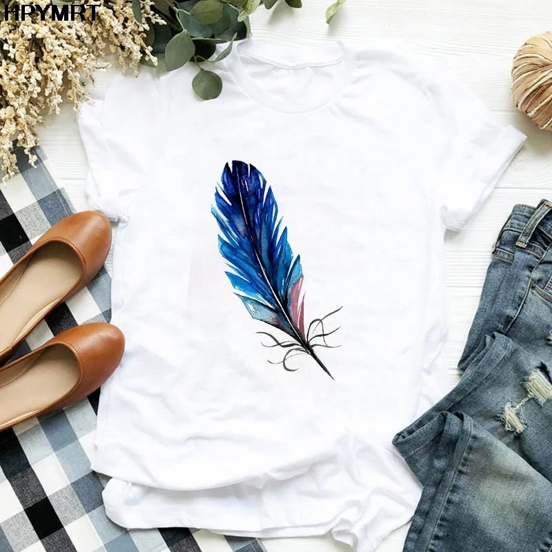 

Women's Tshirt Funny Harajuku T shirt Woman Feather Printing Camiseta Mujer Short Sleeve Tshirt Lady Yong Girl Tops Tees Shirt