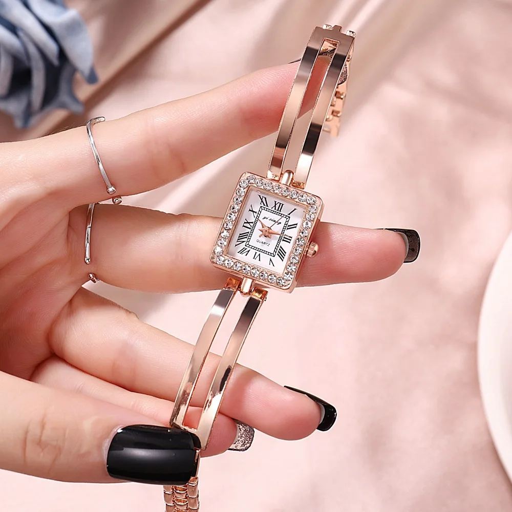 Простые Женские часы Стразы с квадратным циферблатом из нержавеющей стали
