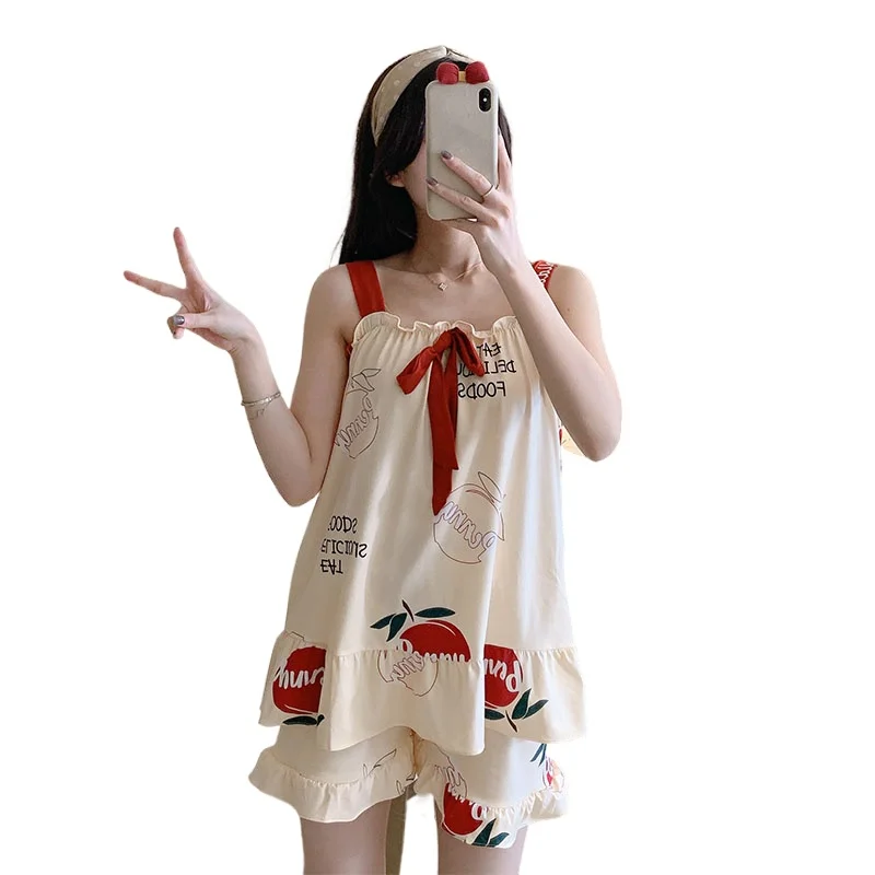 

New Lady Summer Sleepwear Set New Sling Shorts Dee Sexy Pajama Set Cute Women's Home Wear Print Pyjamas Young Girl Set