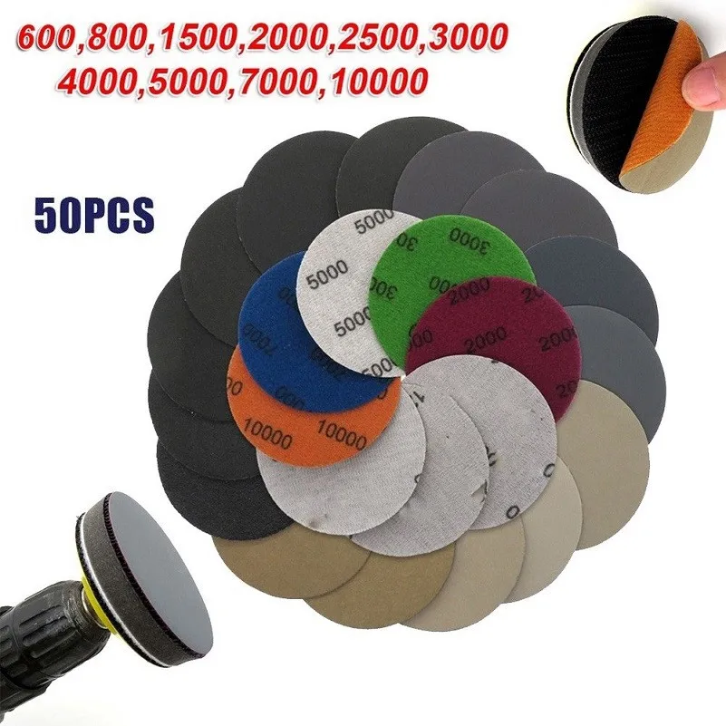 

50Pcs 3Inch Wet Dry Sandpaper 75cm Round Sanding Discs Hook&Loop Pads 600/800/1500/2000/2500/3000/4000/5000/7000/10000 Grits