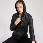 Модная Базовая куртка из искусственной кожи, Женская Новая Стильная однотонная куртка с длинным рукавом на молнии со съемным капюшоном, женская зимняя мотоциклетная куртка