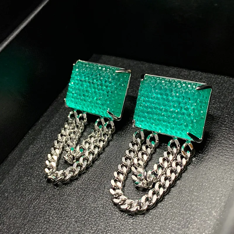 

Women Retro Green Rhinestone Chains Earrings 2021 Fashion Square Eardrop Female Elegant Drop Earrings Delicate Dangle Earrings