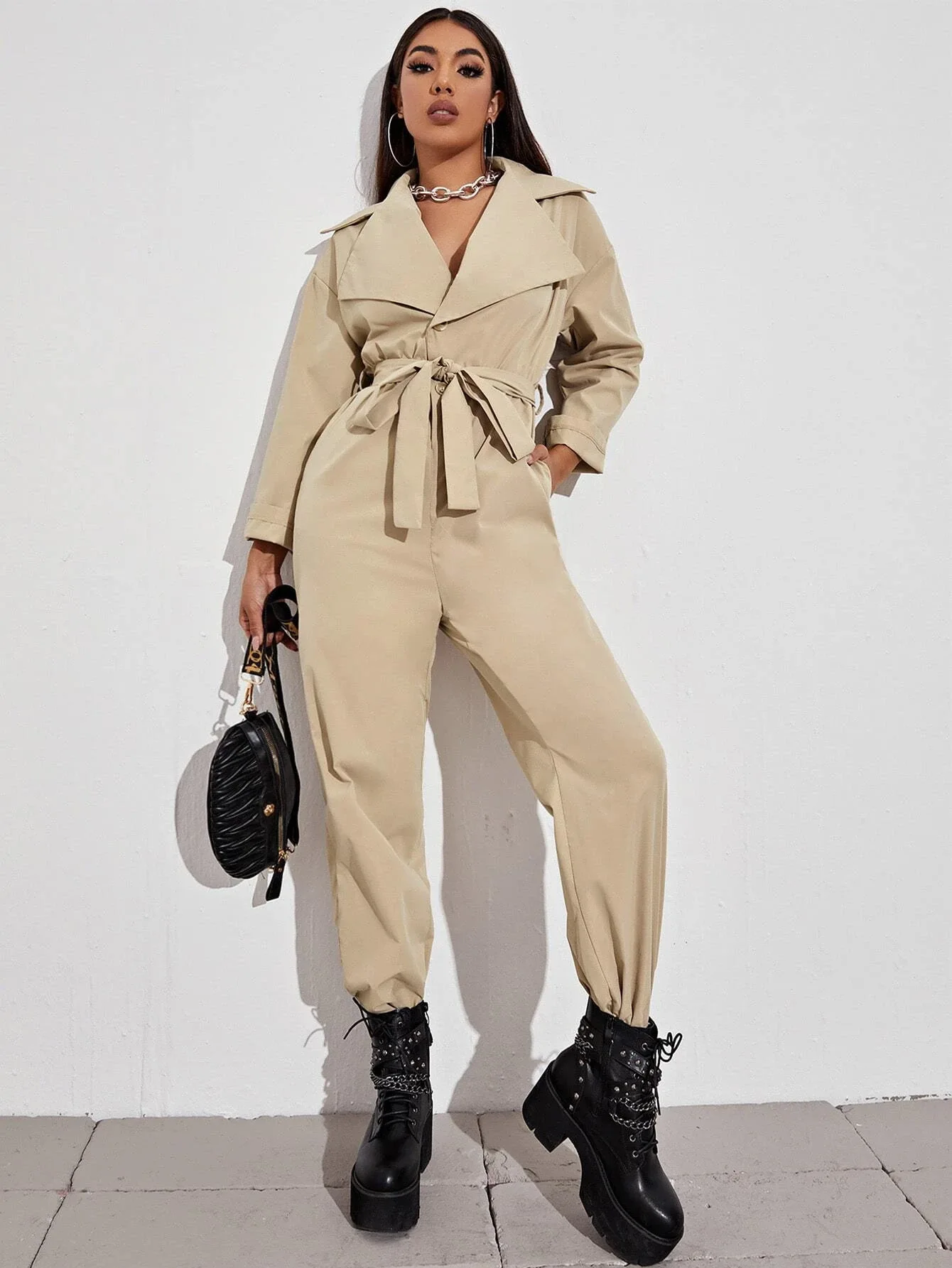 

2021 New Women's Fashion Hot Selling Jumpsuit Women's Lapel Show Thin Jumpsuit Solid Color Waist Lace Up Wide Leg Pants