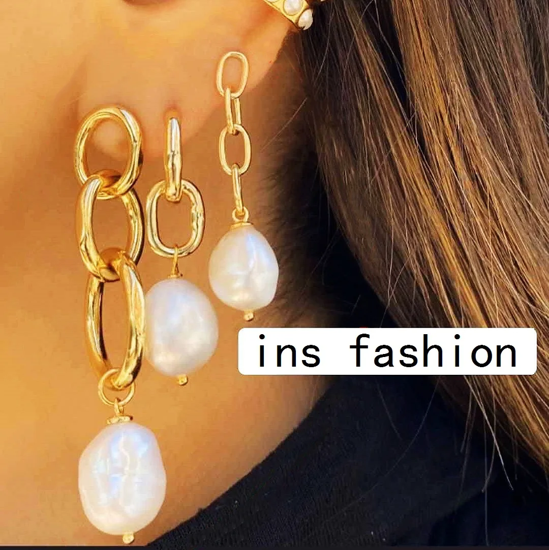 

for Women Pearl Chain Stud Earrings Simple Fashion Gold Color Metal Ring Link Chain Earrings Party Birthday Gift Jewelry New