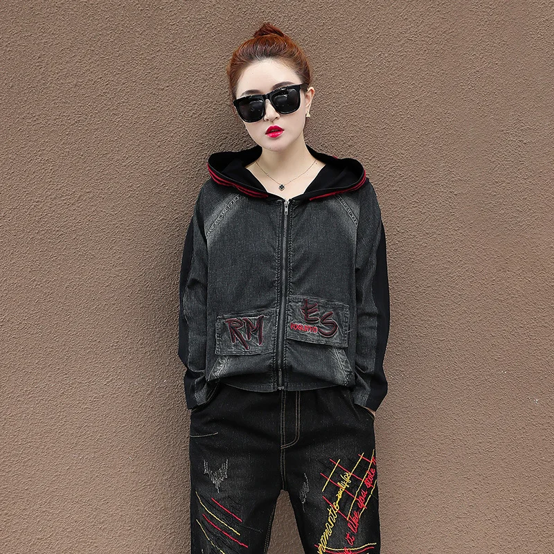 Джинсы корейского стиля куртки брюки костюм женский джинсовый комплект из двух