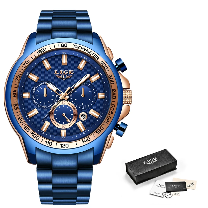 

LIGE 2019 New Fashion Blue Watch,Mens Watches Top Brand Luxury Clock Man Military Chronograph Quartz Watch Men Relogio Masculino