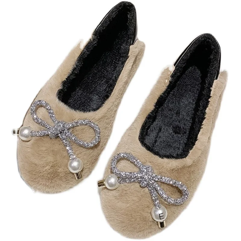 

Bow-Knot Crystal Loafers Fur Winter Shoes Women Autumn Casual Female Sneakers Clogs Platform Round Toe Flats Slip-on Butterfly R