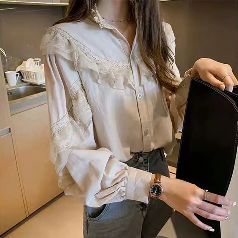 

Women's Spring Autumn Style Blouse Shirt Women's Turtleneck Solid Color Long Sleeve Lace Patchwork Casual Vintage Tops SP868