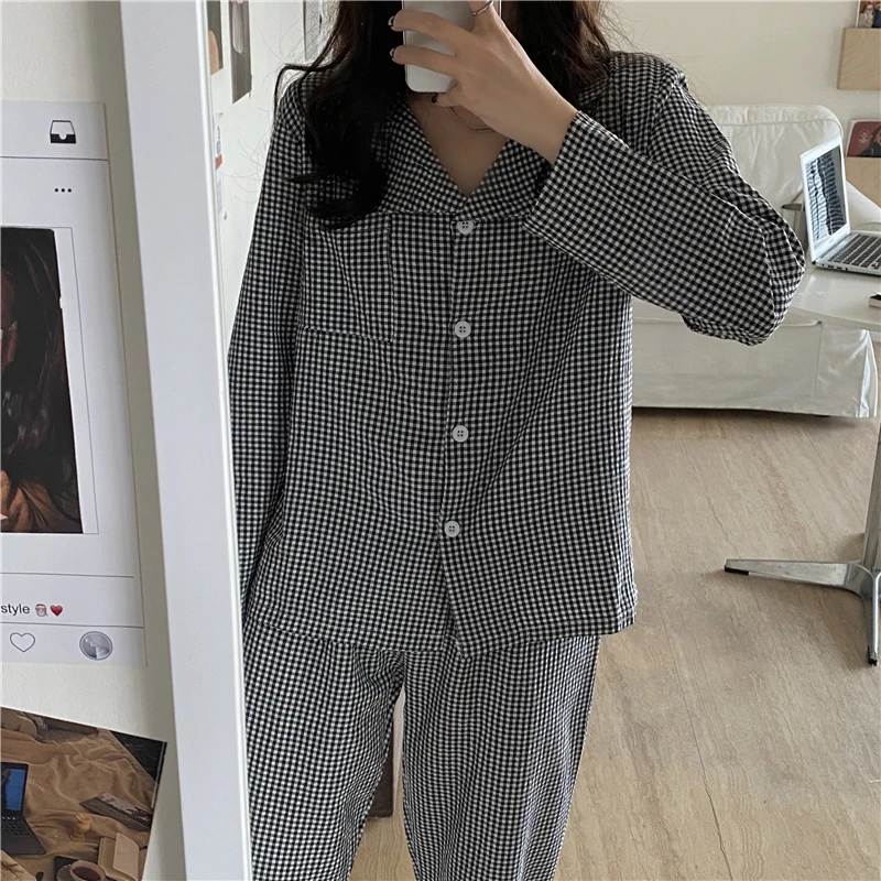 

2021 Korean Pajamas Set Red Grid Girls Cotton Cute Winter Long Sleeve Leisure Sleepwear for Women Loose Nightwear Homewear Suit