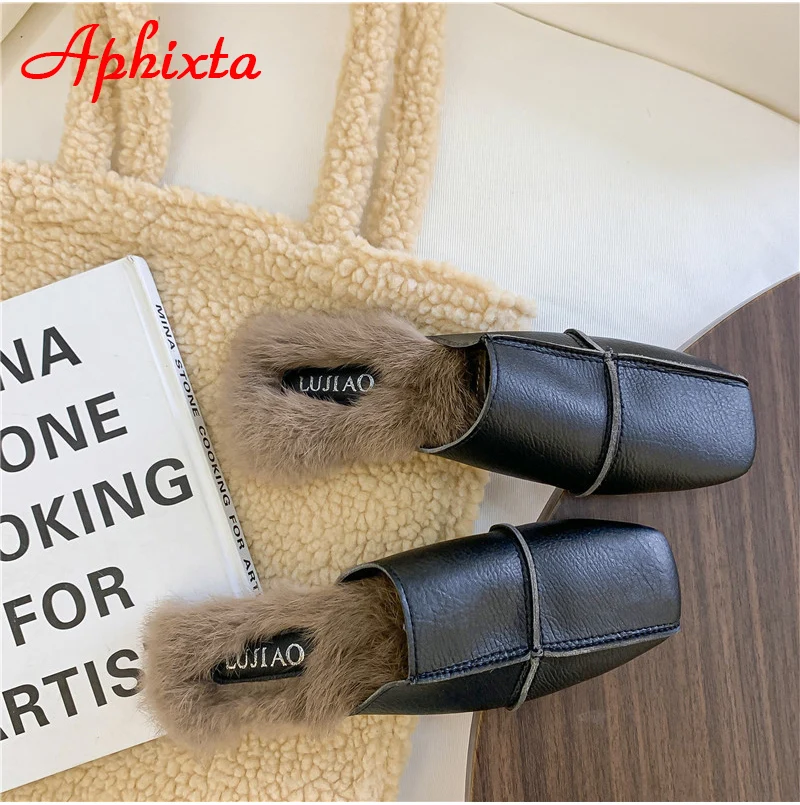 Aphixta/зимние теплые женские шлепанцы с натуральным кроличьим мехом; женские пушистые тапочки; женские шлепанцы на плоской подошве с квадратным носком