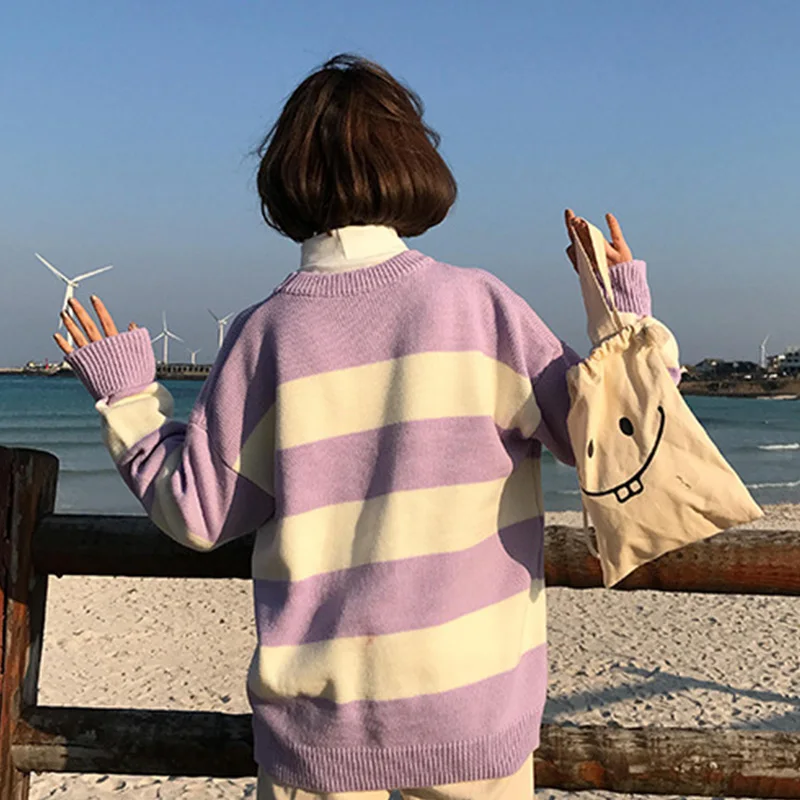 Полосатый вязаный свитер с вышивкой в стиле пэчворк Луной женский длинным