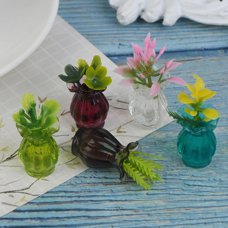 

5pcs Dollhouse Miniatures 1:12 Colorful Mini Ceramic Pot DIY Handmade Doll House Kitchen Ceramic Decora vase+flower