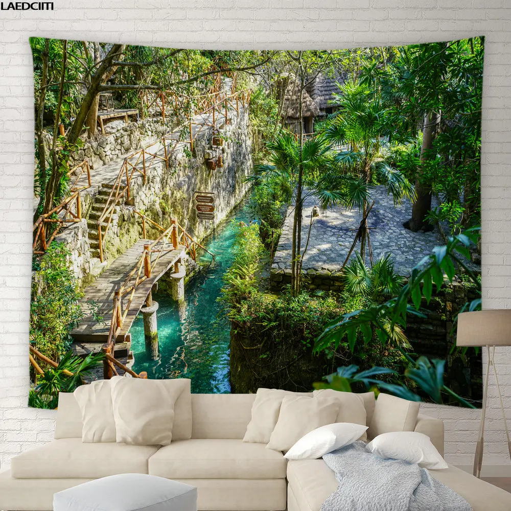 Натуральный ландшафт большой гобелен лесной парк зеленые растения деревья