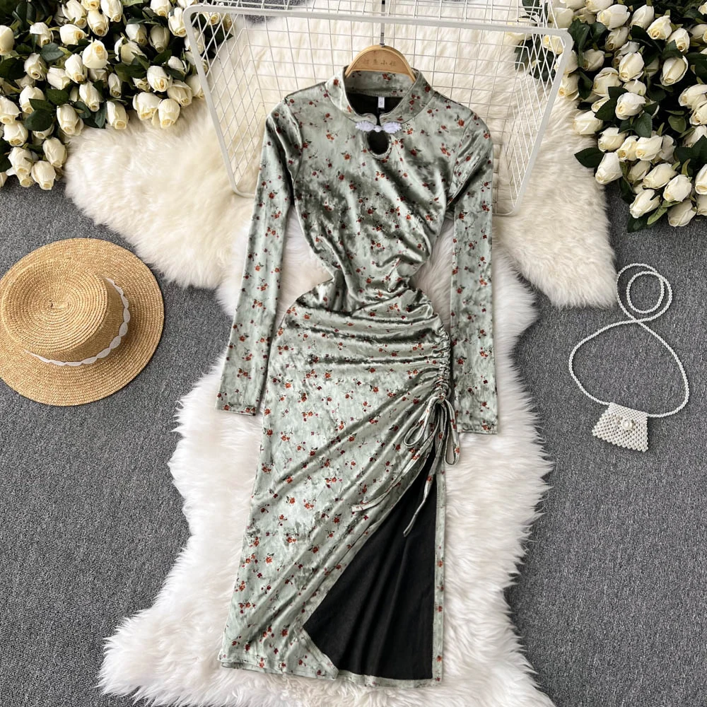 

C115 Women New Fashion Autumn Improved Cheongsam Vintage Floral Print Velvet Slim Dress Elegant Feminine Split Hip Wrap Vestidos